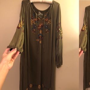 Olive green boho embroidery dress